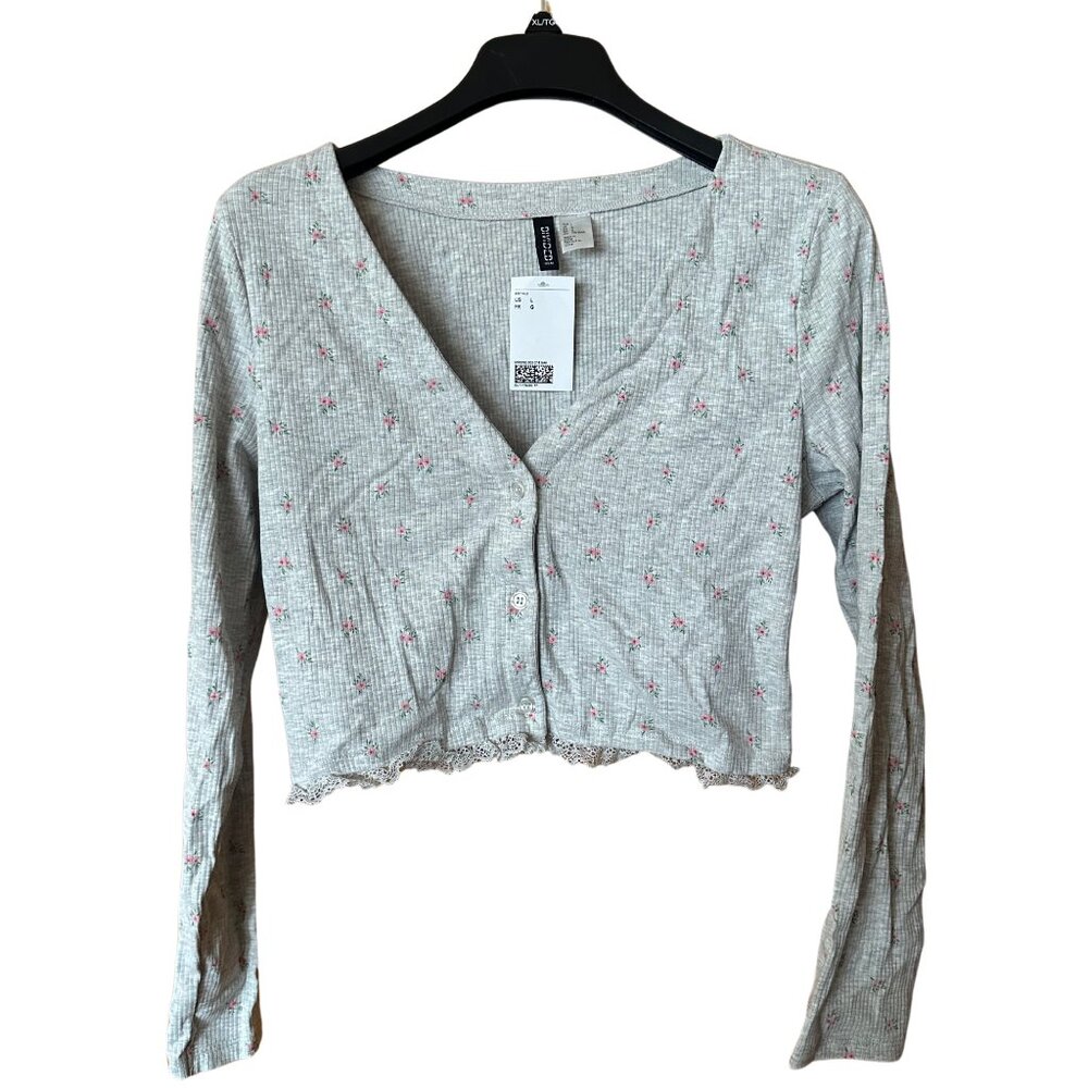 H&M Grey Buttoned Long Sleeve w/ Pink Flowers